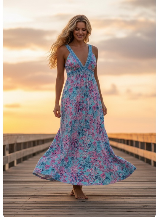 Lilly Pulitzer Dresses & Skirts - Lilly Pulitzer Blue Maxi Dress with Pink Floral Print